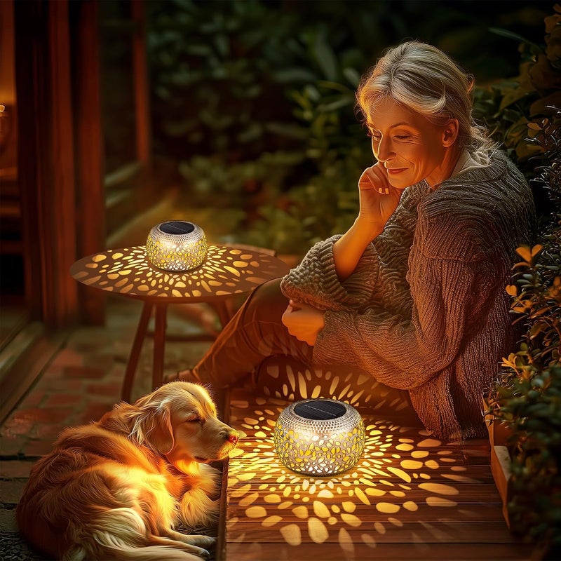 NFEVER Solar Lanterns Outdoor Waterproof: 2 Pack White Gold Hollow Out Metal Solar Lights - 2 Lighting Colors Outside Patio Garden Yard Porch Tabletop Decorations - Unique Gifts for Women Mom Wife - Image 4